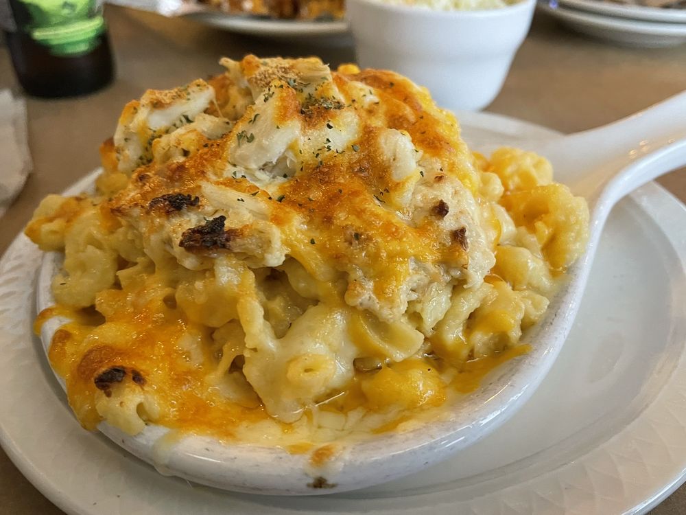 A bowl of crab mac and cheese