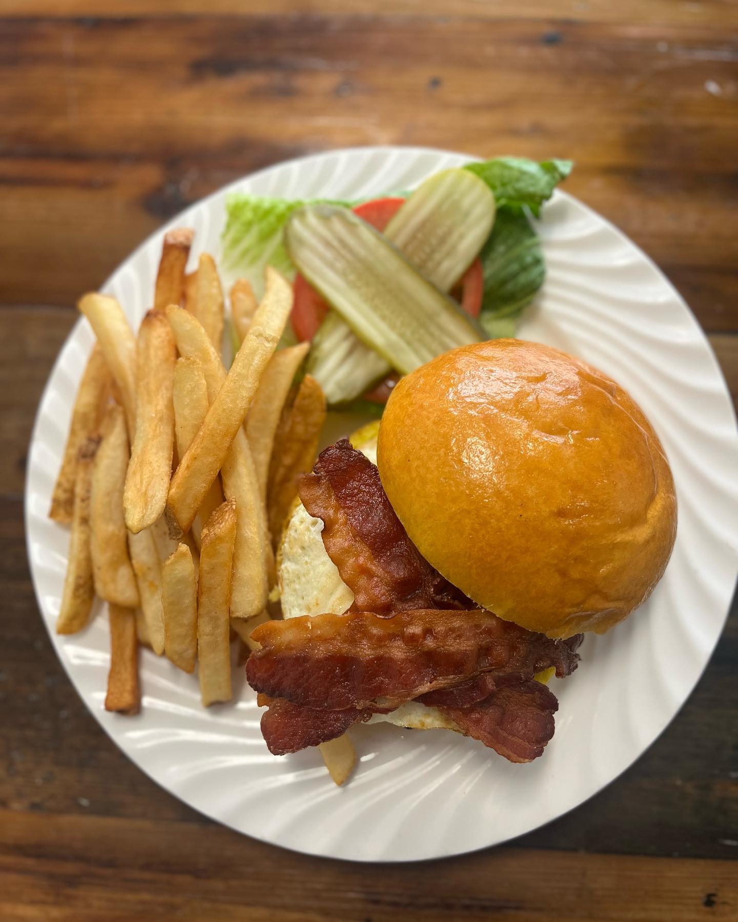 A farmhouse burger with fries