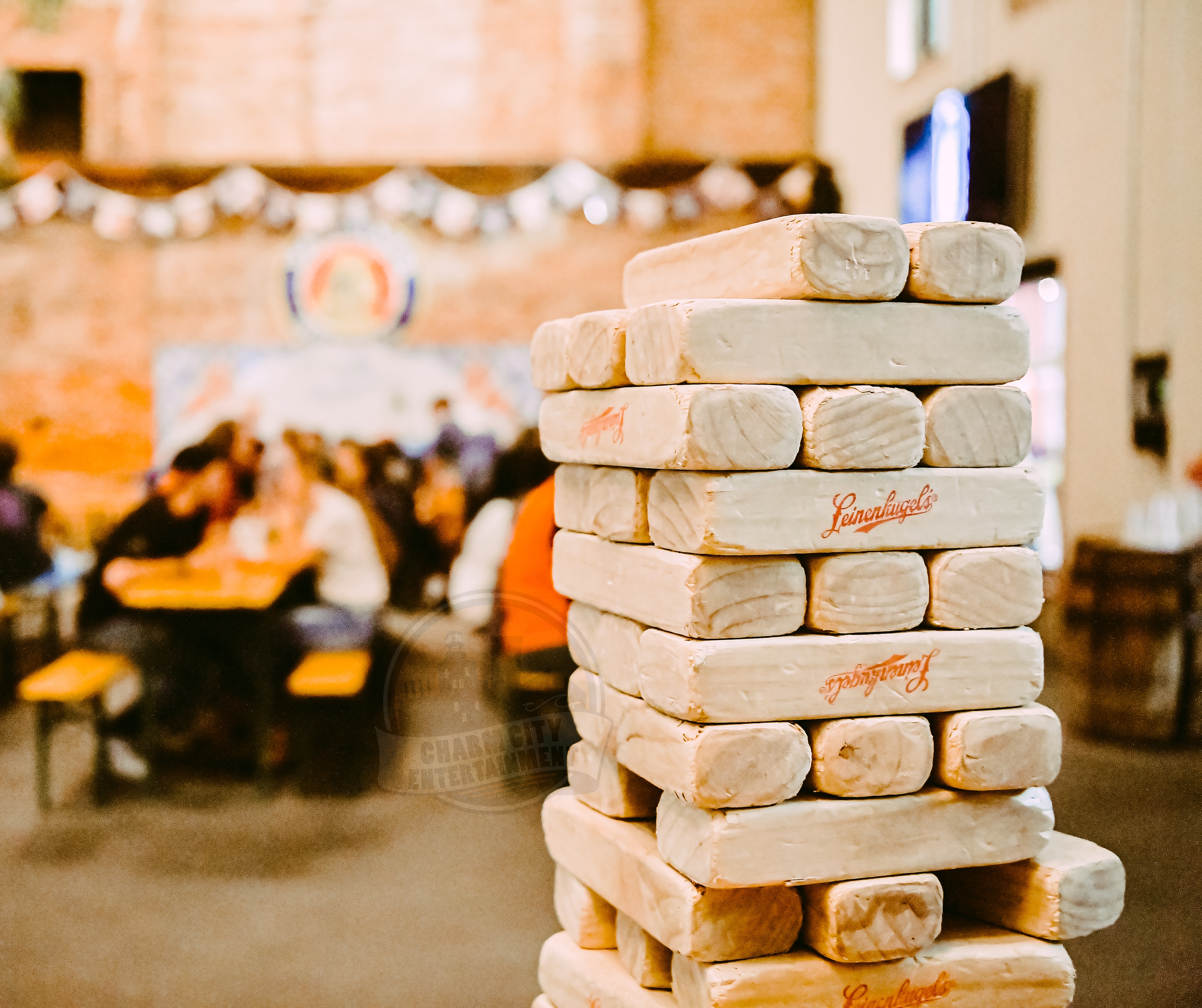 interior of crossbar with a Jenga game