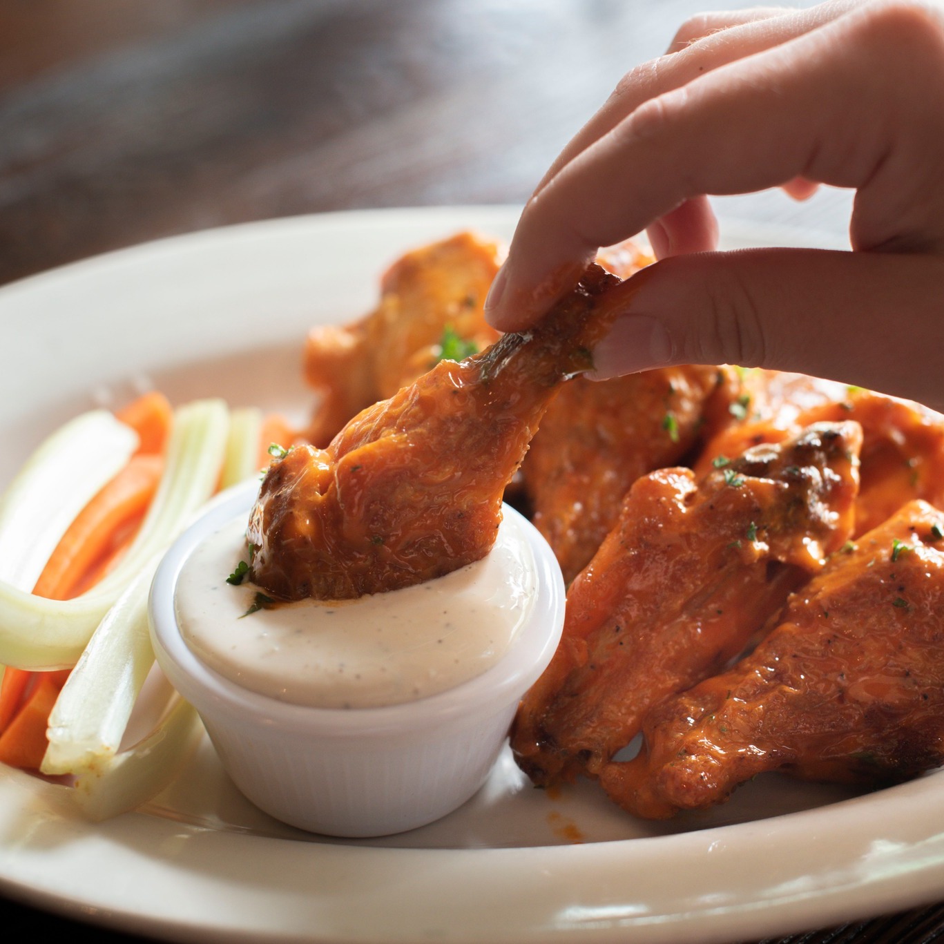 wings with dip, celery, and carrots