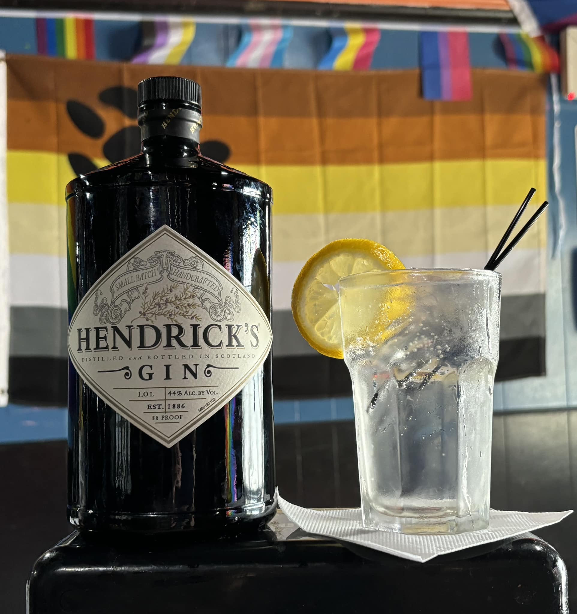 a Hendricks & Tonic with a lemon wheel and a bottle of Hendrick's with the Bear flag in the background