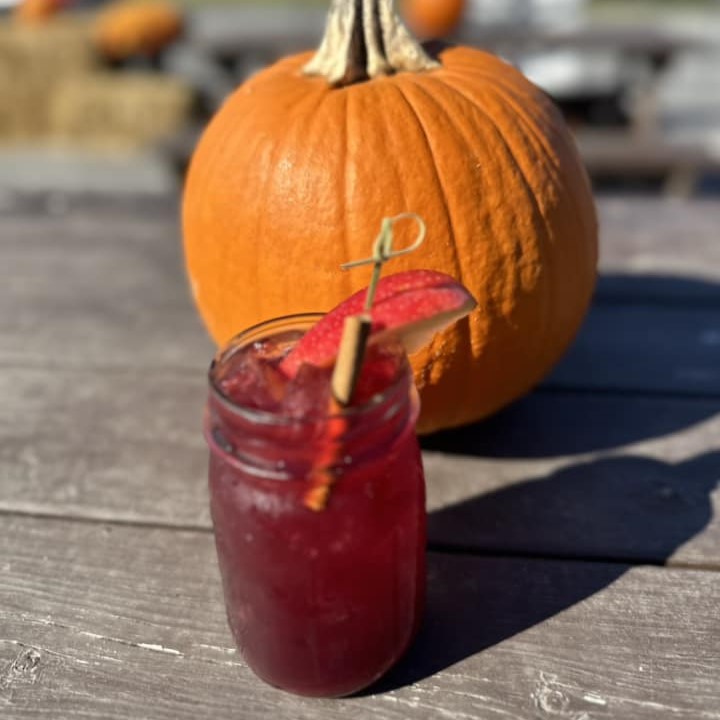 a glass of apple sangria with a cinnamon stick and apple wedge sitting in front of a pumpkin