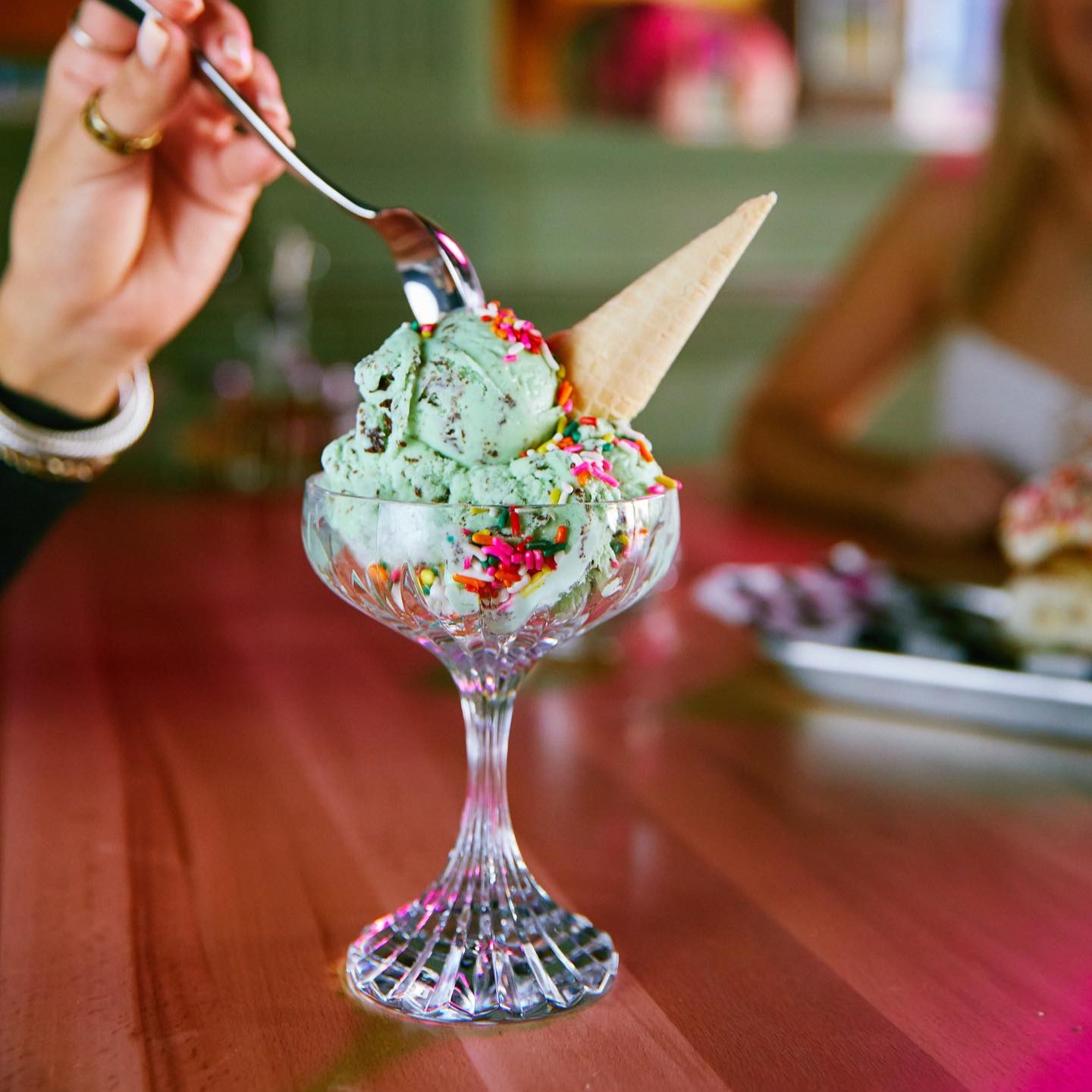 a mint chocolate chip ice cream sundae