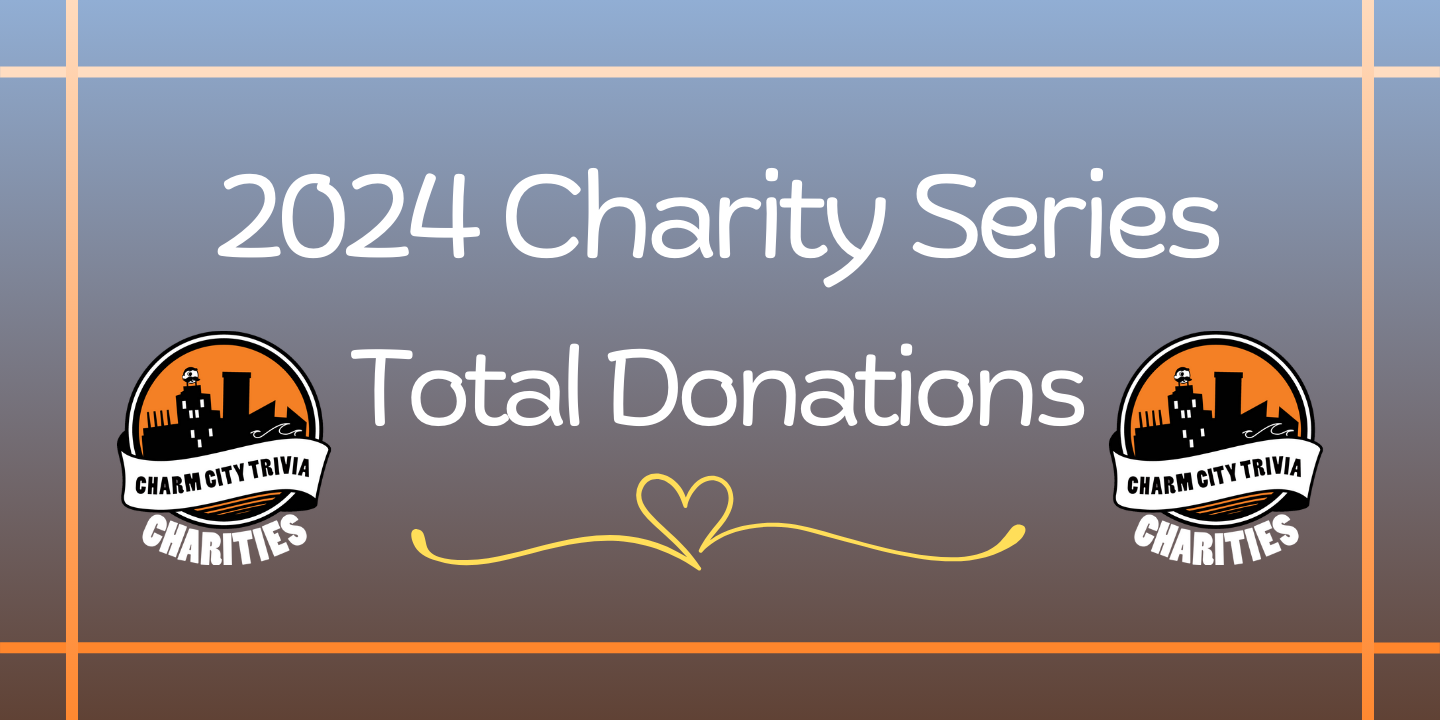 a gradient of light blue to medium brown background with an orange to light orange border, two Charm City Trivia Charities logos, a yellow heart detail, and white text. The text reads: 2024 Charity Series Total Donations