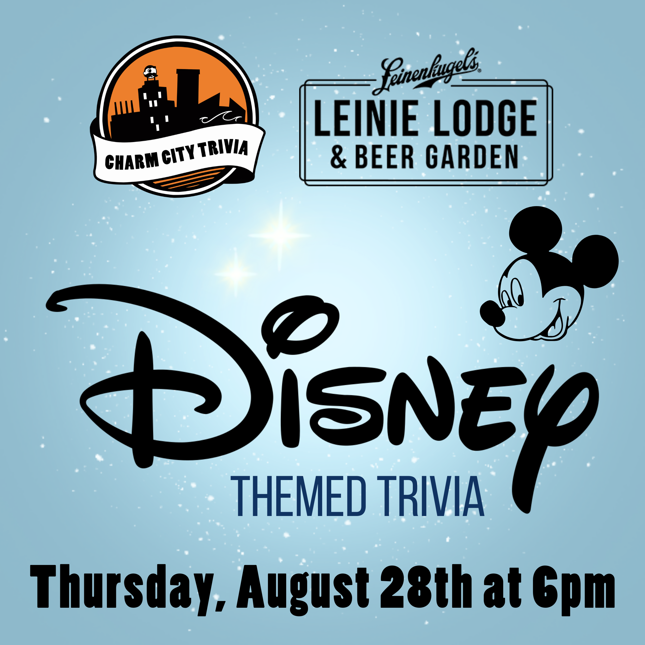 a medium blue background with a lighter center and stars, the charm city trivia logo, leinie lodge logo, disney logo, peter pan stars, mickey mouse, and black text. the text reads: thursday, august 28th at 6pm.