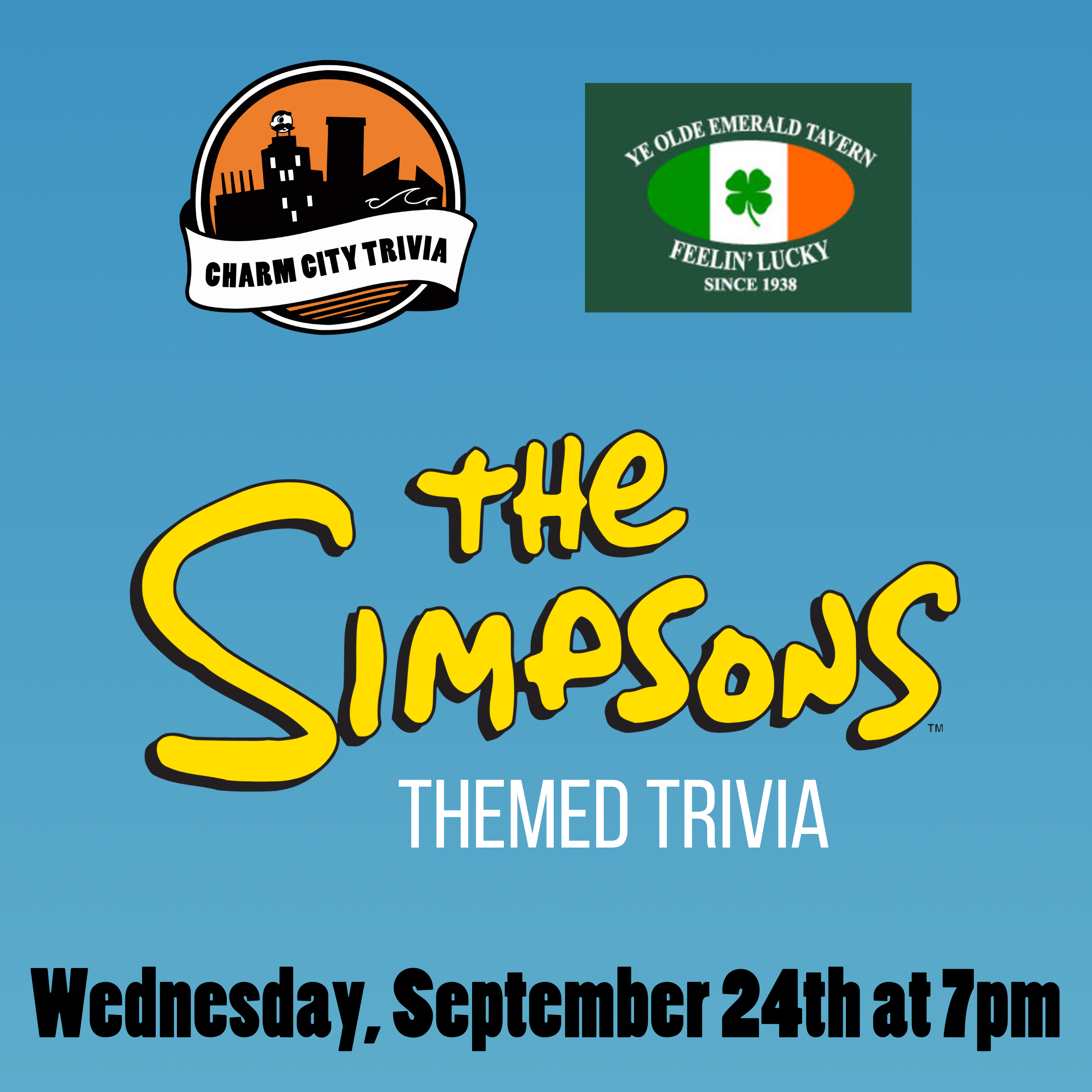 a dark blue fading to medium blue background with the charm city trivia logo, emerald tavern logo, the simpsons logo, and black text. the text reads: wednesday, september 24th at 7pm.
