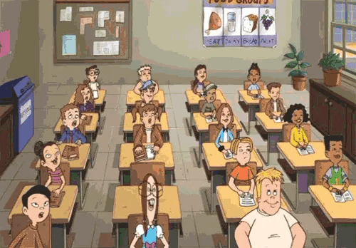 a gif of the kids from Recess in class throwing papers into the air, cheering